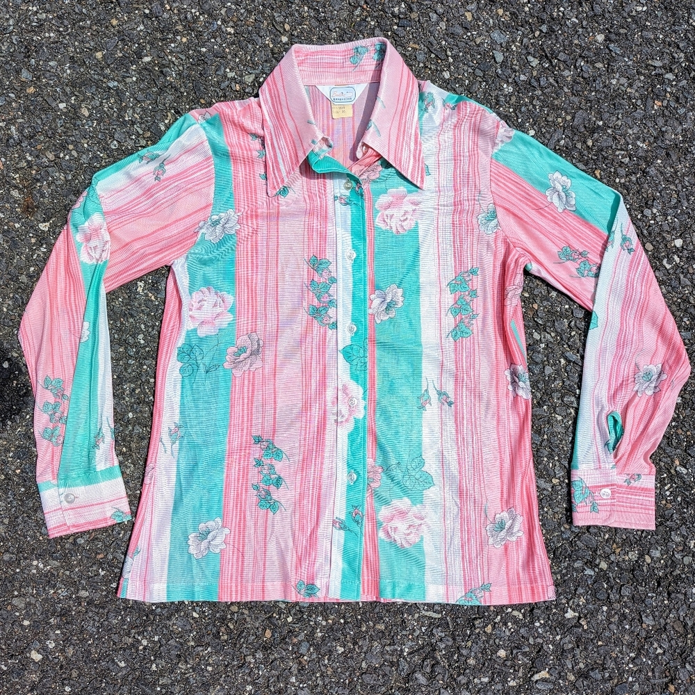 Vintage 1970s Pink Mint Floral Stripe Polyester Button Down Shirt M Beeline Vtg